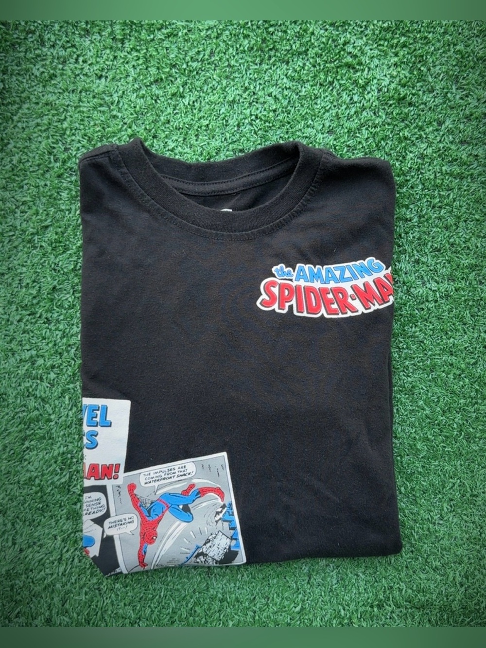 Marvel Black Spider-Man Tee with Red & Blue Comic Graphics